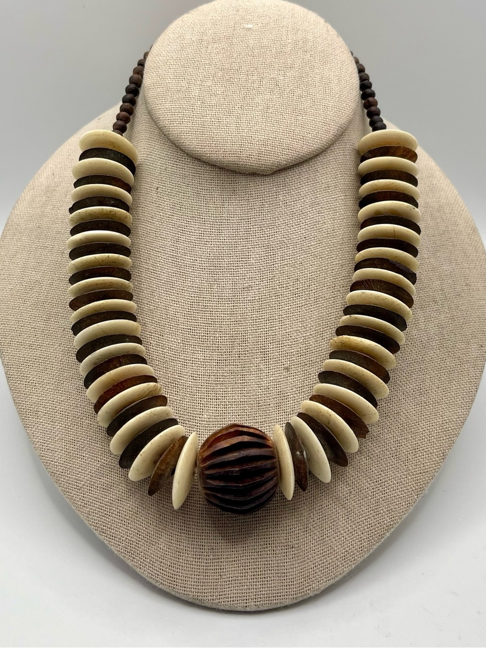 Tribal Beaded Statement Necklace Graduated Bone & Wood Disk Choker Boho Vintage